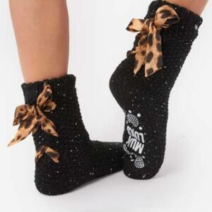 Muk Luks LaceUp Sequin Cabin Socks Black Silver Leopard Ribbon Tie L-XL 8-10 New